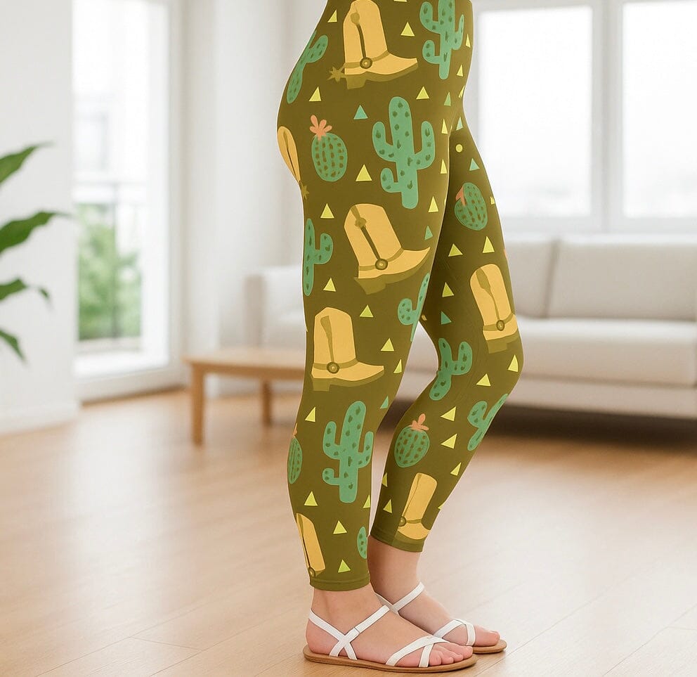 Womens Western Cactus Boots Leggings - High Waisted - Buttery Soft - Brown/Green Leggings MomMe and More S Brown/Green Yoga Waist