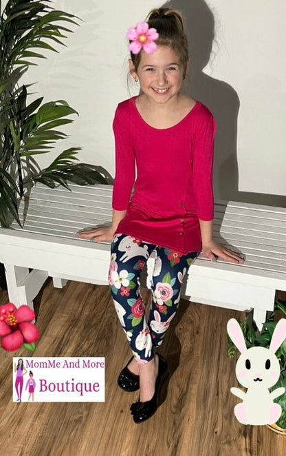 Girls Leggings | Easter Bunny Pink Flower Leggings | Kids Yoga Pants | Footless Tights Leggings MomMe and More 