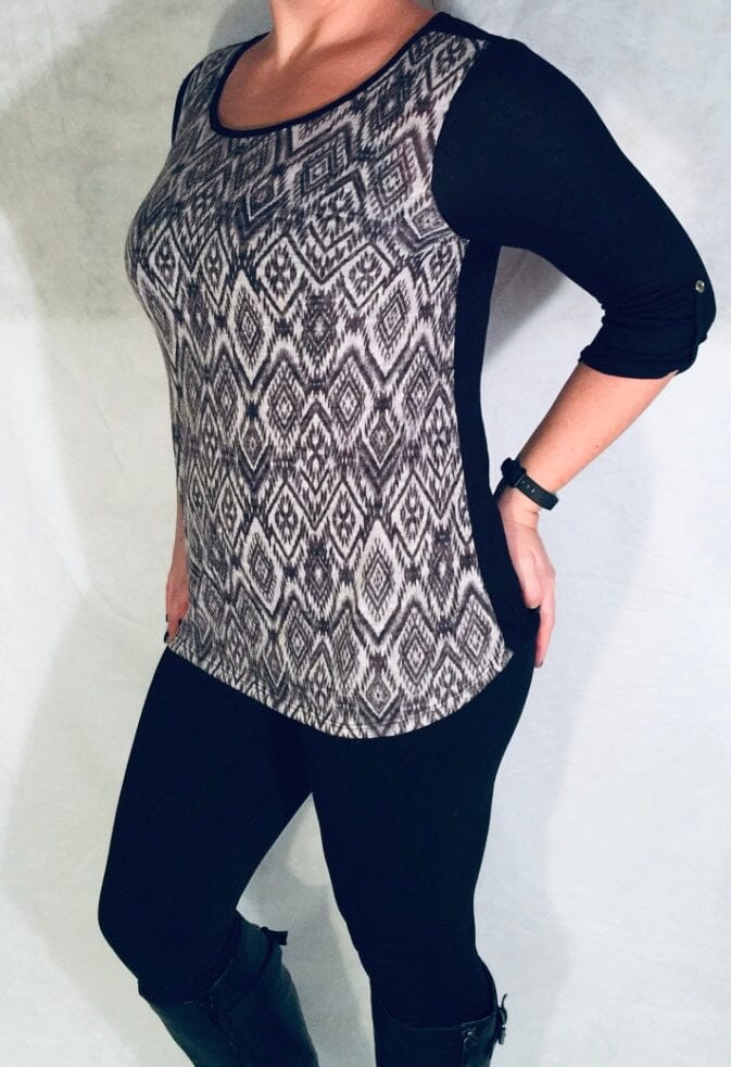 Womens Gray Black Top | 3/4 Sleeve Shirt | Diamond Geometric Tunic Tops MomMe and More 