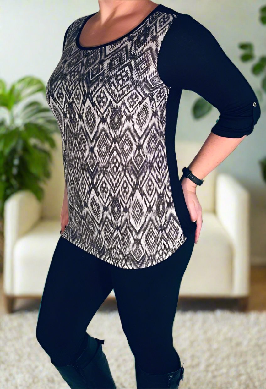 Womens Gray Black Top | 3/4 Sleeve Shirt | Diamond Geometric Tunic Tops MomMe and More 