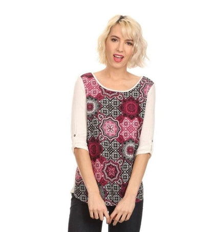Womens Pink White Top | 3/4 Sleeve Shirt | Medallion Print Tunic Tops MomMe and More 