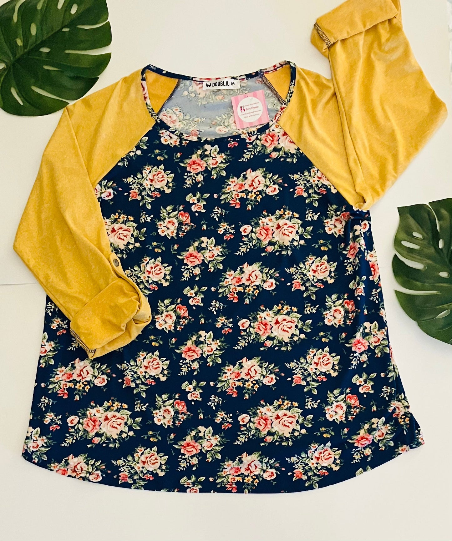 Womens Plus Size Blue Yellow Floral Spring Top | 3/4 Sleeve Shirt | Spring Top Tops MomMe and More 