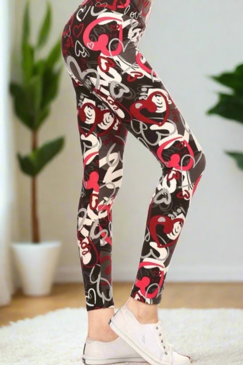 Womens Valentines Day Leggings, Red Graphic Heart Print Leggings: Yoga Waist Leggings MomMe and More 