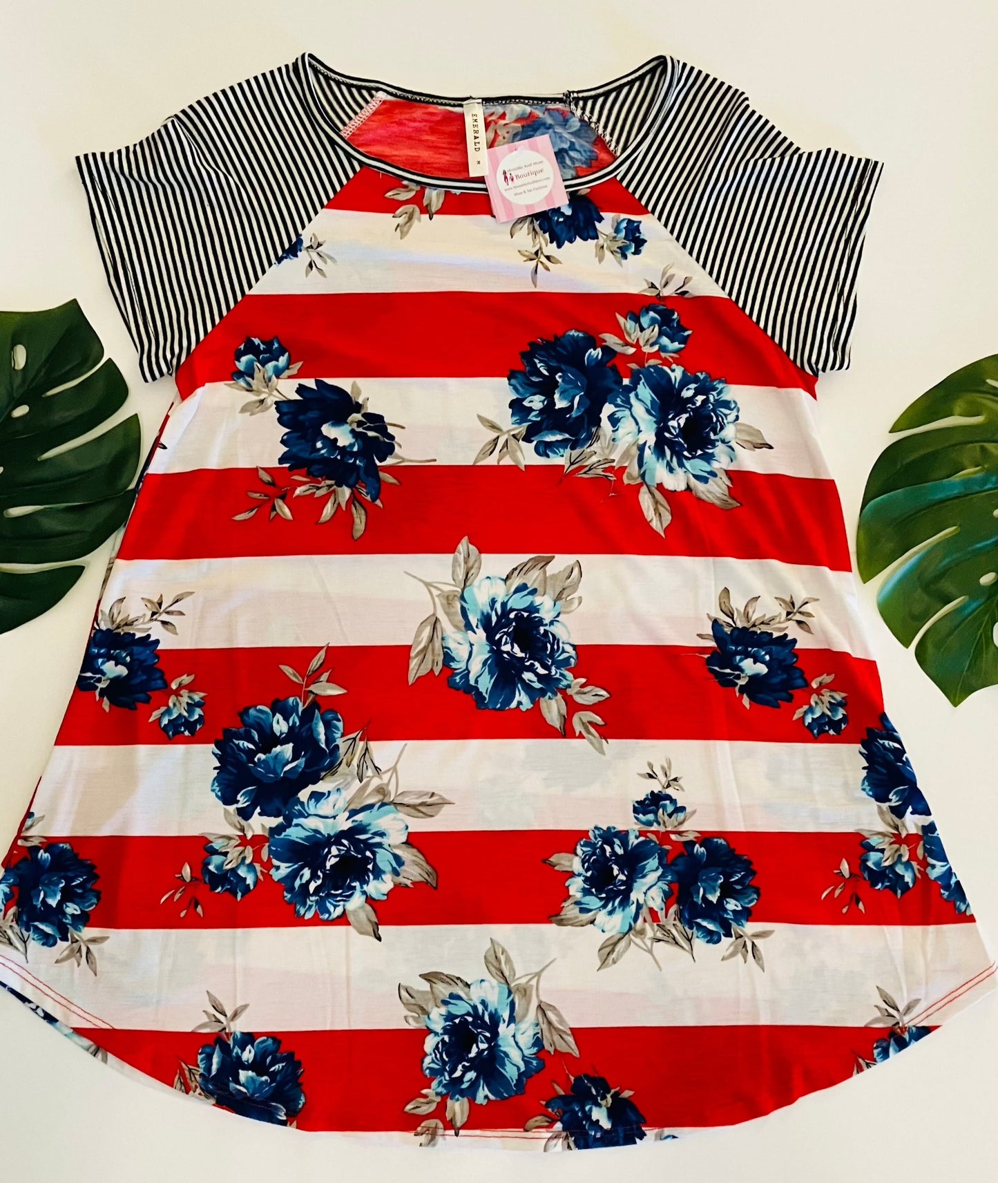 Womens Red White Blue Top | Short Sleeve Shirt | Floral Striped Tunic | 4th of July Shirt Tops MomMe and More 