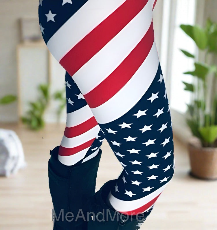 Womens Leggings | American Flag Leggings | Yoga Pants | Footless Tights | No-Roll Waistband Leggings MomMe and More 