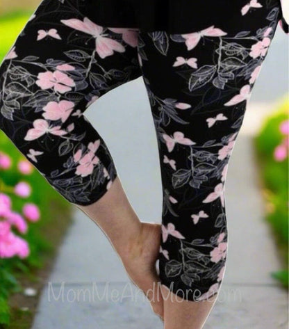 Womens Pink Butterfly Capri Leggings, Soft Yoga Pants, Sizes 0-18, Pink/Black Leggings MomMe and More 