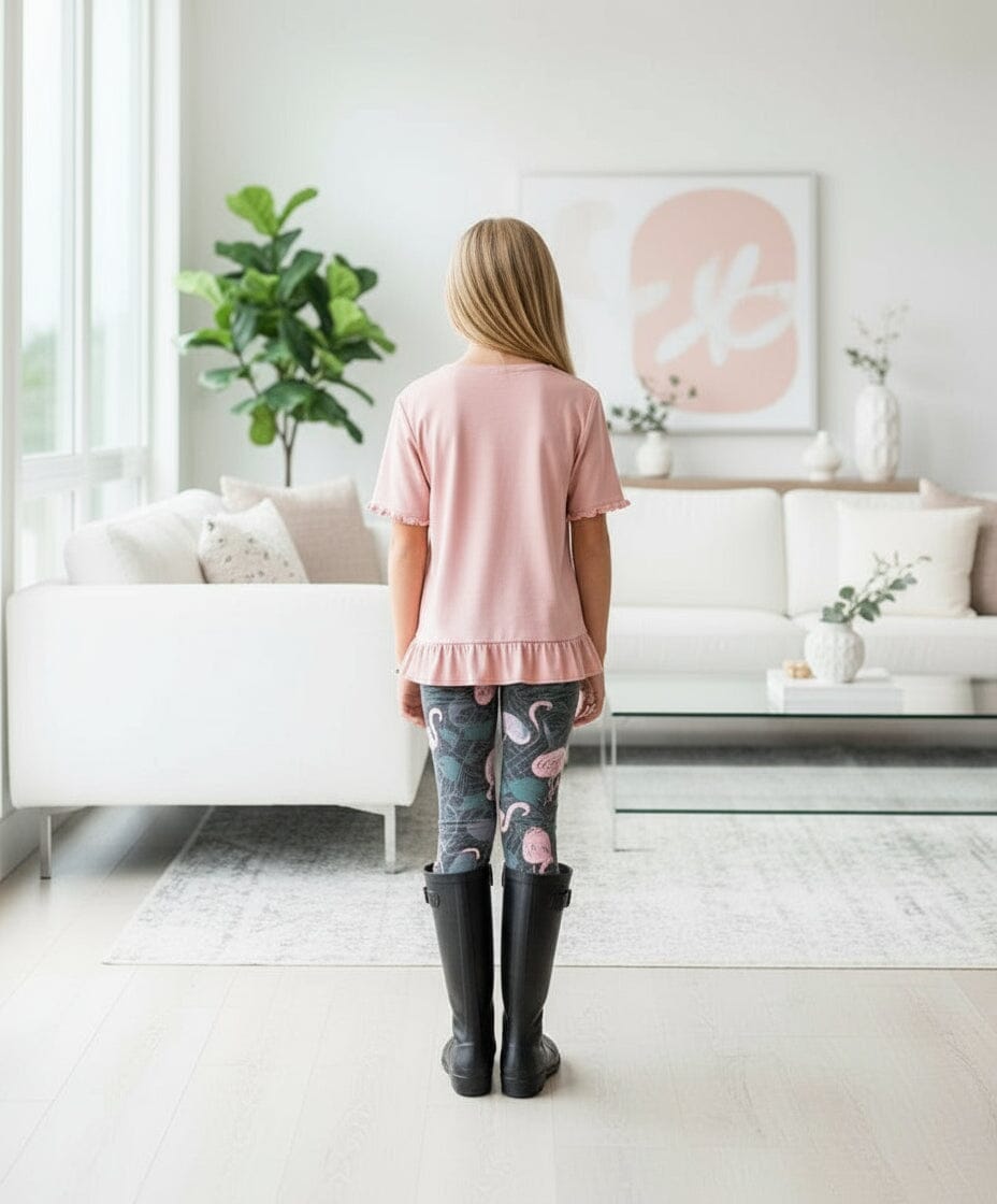 Girls Pink Flamingo Leggings - High Waisted - Buttery Soft Yoga Pants for Kids - Gray/Pink Leggings MomMe and More 