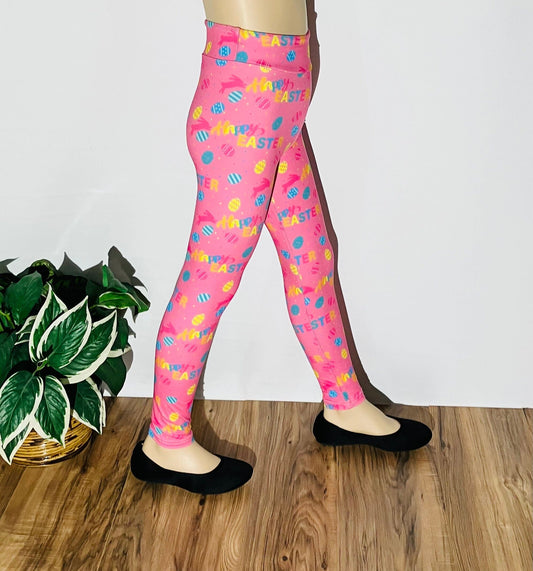 Girls Leggings | Exclusive Happy Easter Leggings | Kids Yoga Pants | Footless Tights | Yoga Waistband Leggings MomMe and More 
