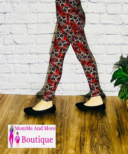 Girls Leggings | Red Rose Skull Leggings | Kids Yoga Pants | Footless Tights | Elastic No-Roll Waistband Leggings MomMe and More 