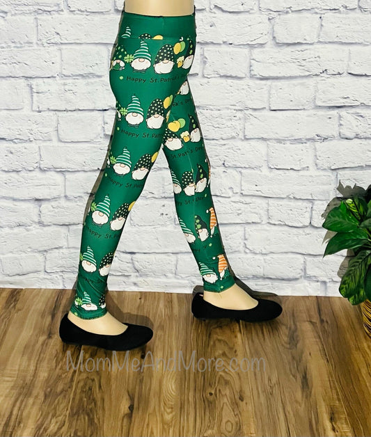 Girls Leggings | Exclusive St. Patrick Day Gnome Leggings | Yoga Pants | Footless Tights | Yoga Waistband Leggings MomMe and More 