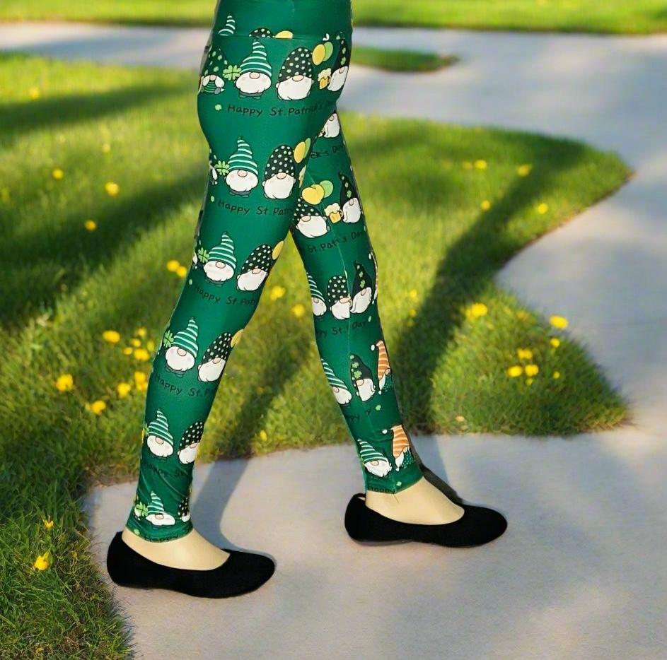 Girls Leggings | Exclusive St. Patrick Day Gnome Leggings | Yoga Pants | Footless Tights | Yoga Waistband Leggings MomMe and More 