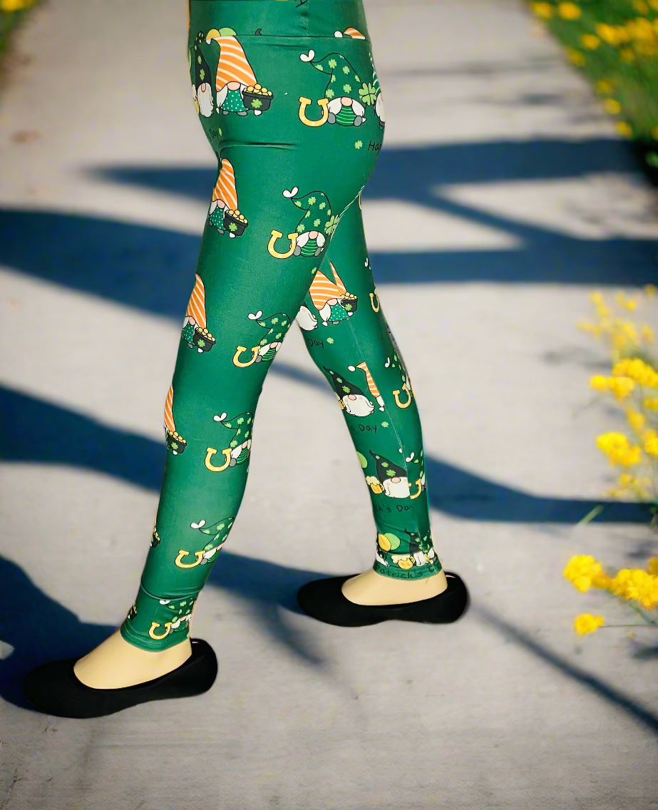 Girls Leggings | Exclusive St. Patrick Day Gnome Leggings | Yoga Pants | Footless Tights | Yoga Waistband Leggings MomMe and More 