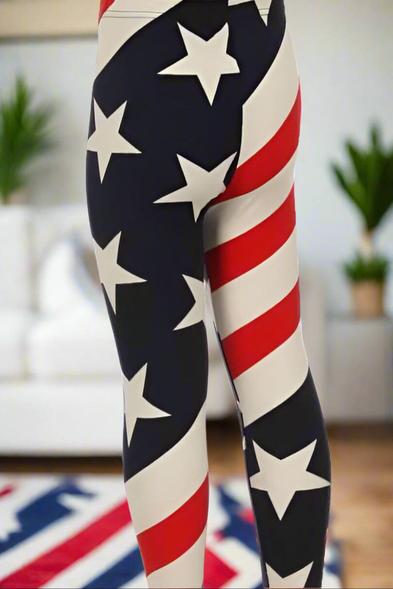 Girls American Flag Leggings, 4th of July Patriotic USA Leggings, Kids Yoga Pants, Sizes S/L, No-Roll Waist, Red/White/Blue Leggings MomMe and More 