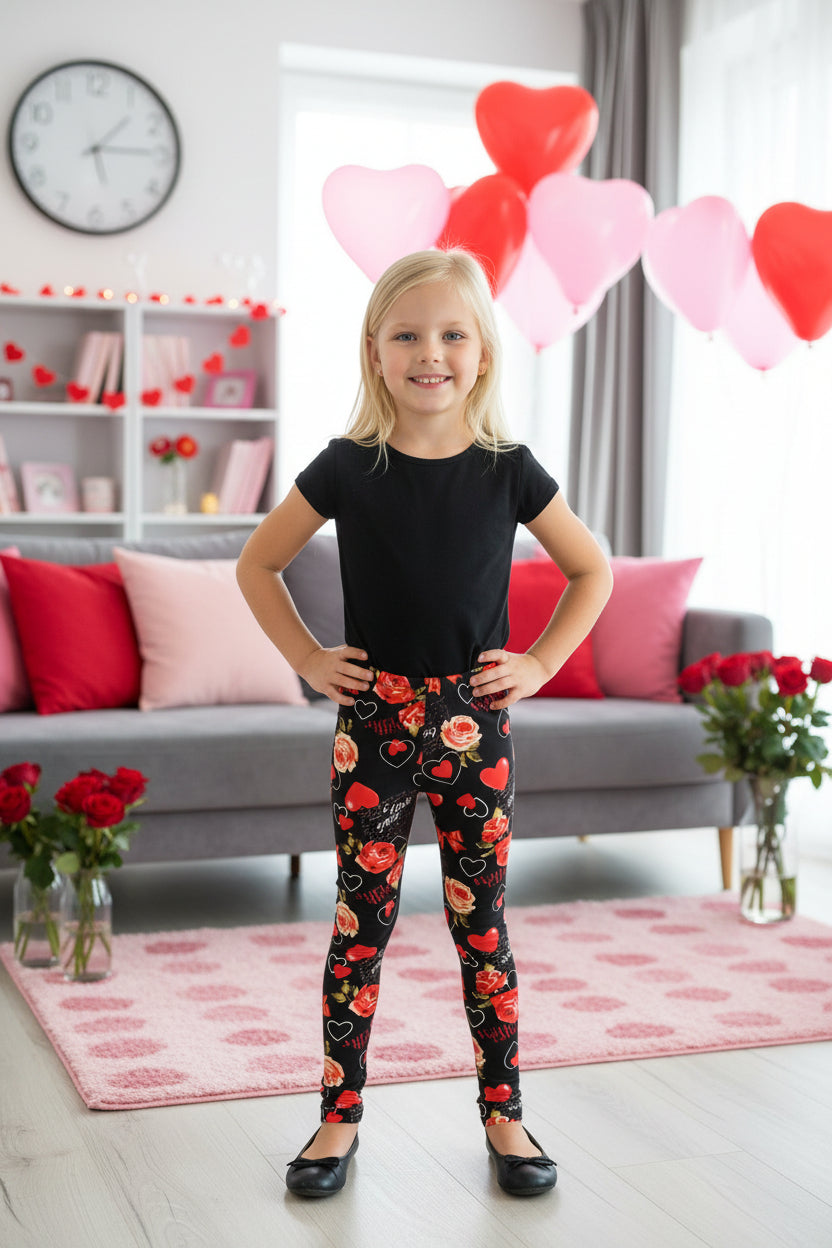 Girls Valentines Day Heart Leggings, Kids Yoga Pants, Sizes S/L, No-Roll Waist, Black/Red Leggings MomMe and More 