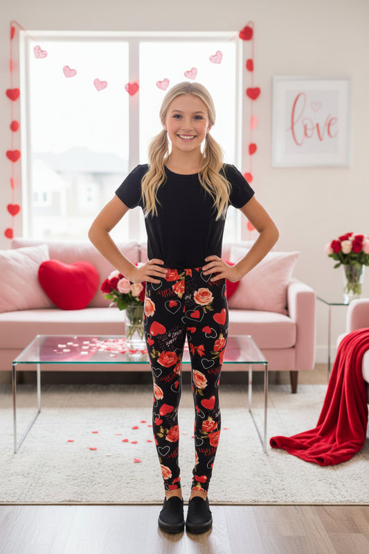 Girls Valentines Day Heart Leggings, Kids Yoga Pants, Sizes S/L, No-Roll Waist, Black/Red Leggings MomMe and More 