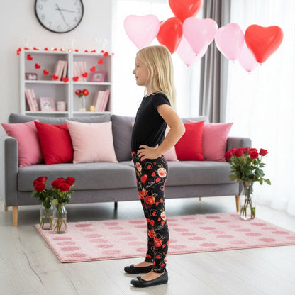 Girls Valentines Leggings - High Waisted - Buttery Soft - Black/Red Leggings MomMe and More 