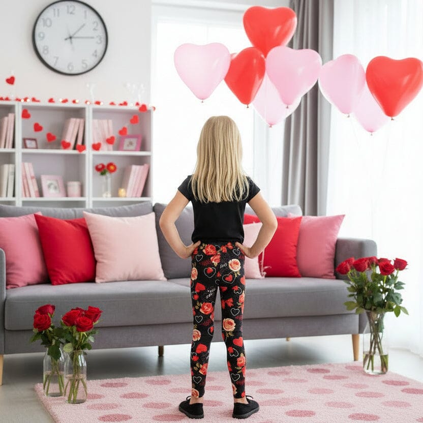 Girls Valentines Leggings - High Waisted - Buttery Soft - Black/Red Leggings MomMe and More 