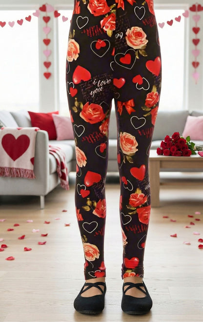 Girls Valentines Leggings - High Waisted - Buttery Soft - Black/Red Leggings MomMe and More 