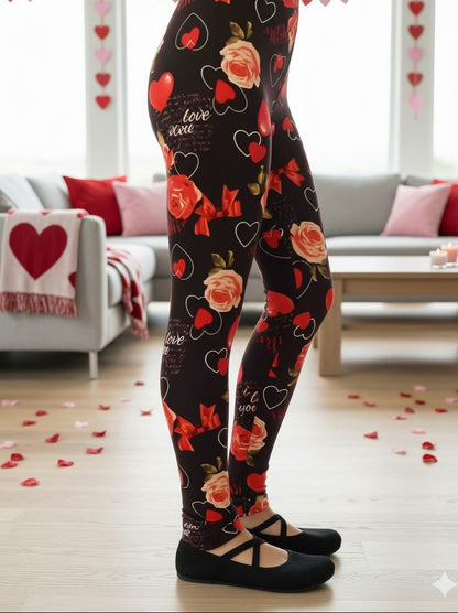 Girls Valentines Leggings - High Waisted - Buttery Soft - Black/Red Leggings MomMe and More 