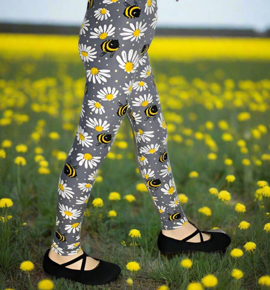 Girls Daisy Bee Leggings, Kids Yoga Pants, Sizes S/L, No-Roll Waist, Gray/Yellow Leggings MomMe and More 