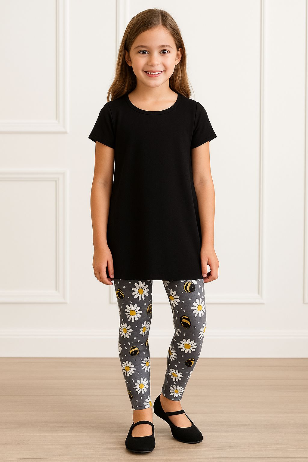 Girls Bee Daisy Leggings - High Waisted - Buttery Soft - Gray/Yellow Leggings MomMe and More 