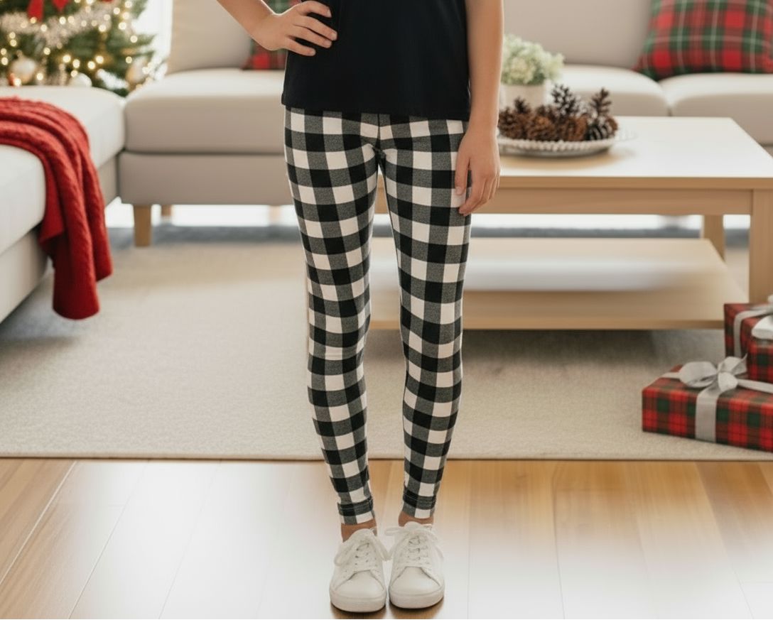 Girls Plaid Leggings - High Waisted - Buttery Soft - Black/White Leggings MomMe and More S Black/White 