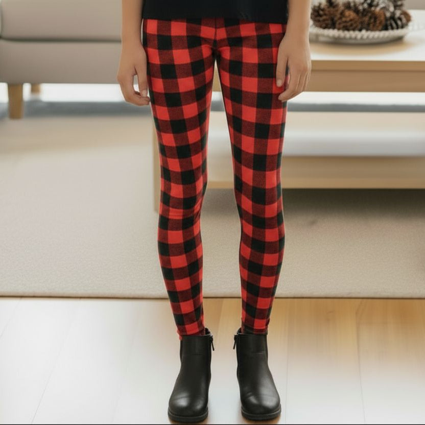Girls Red Plaid Christmas Leggings - High Waisted - Buttery Soft Yoga Pants - Red/Black Leggings MomMe and More 
