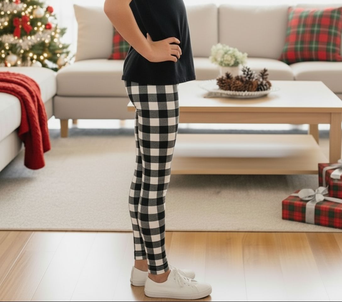 Girls Plaid Leggings - High Waisted - Buttery Soft - Black/White Leggings MomMe and More 