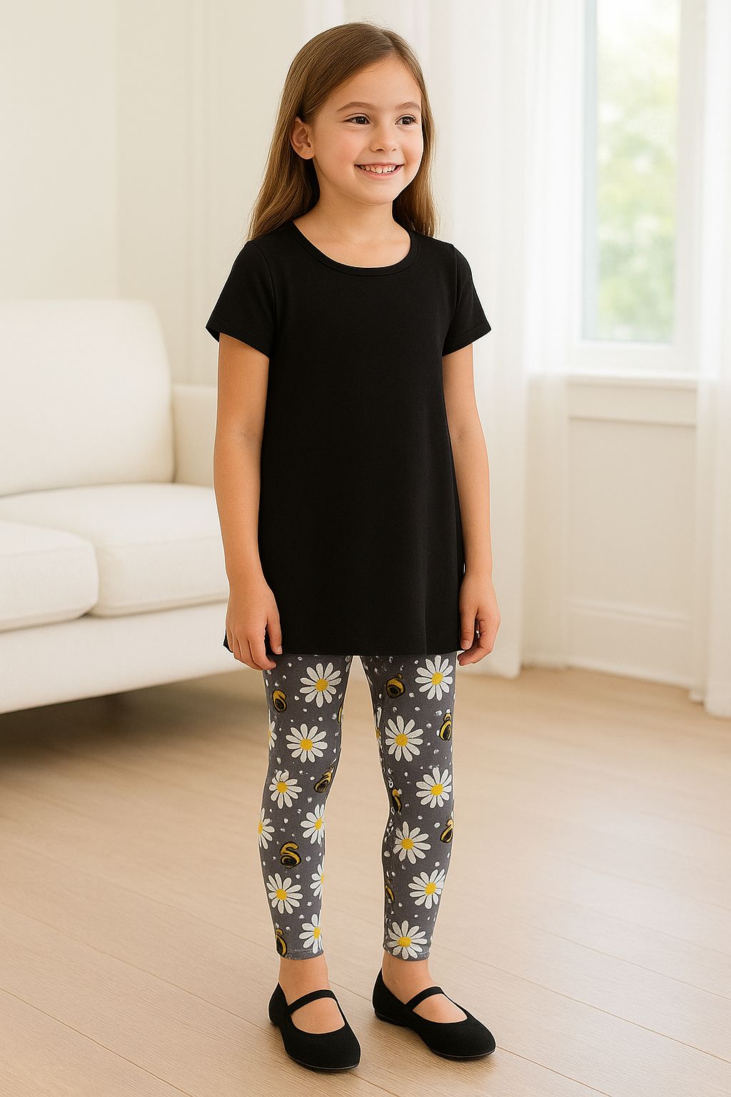 Girls Bee Daisy Leggings - High Waisted - Buttery Soft - Gray/Yellow Leggings MomMe and More 