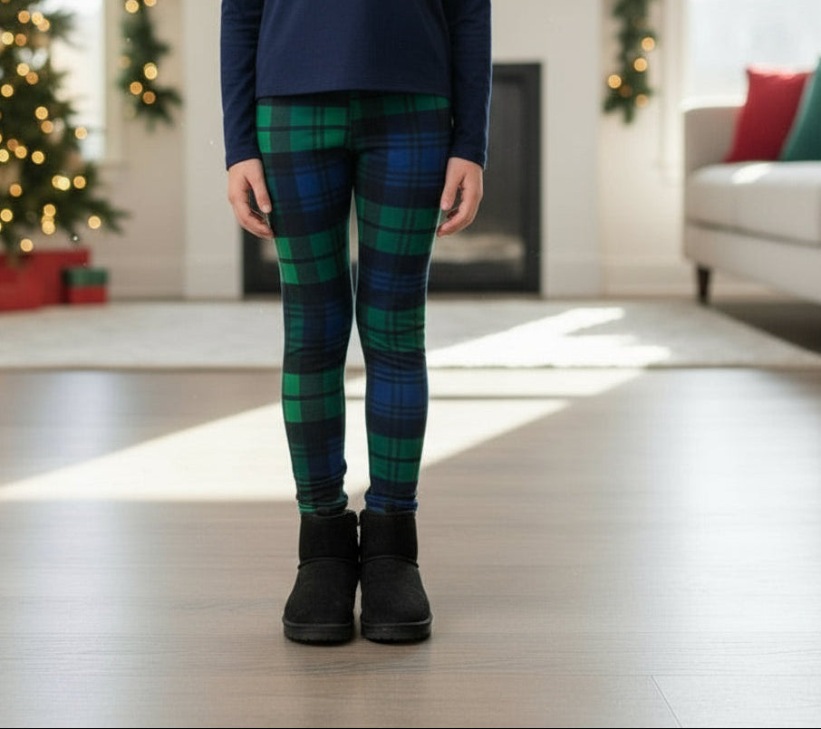 Girls Christmas Green Plaid Leggings - High Waisted - Buttery Soft - Green/Blue Leggings MomMe and More 