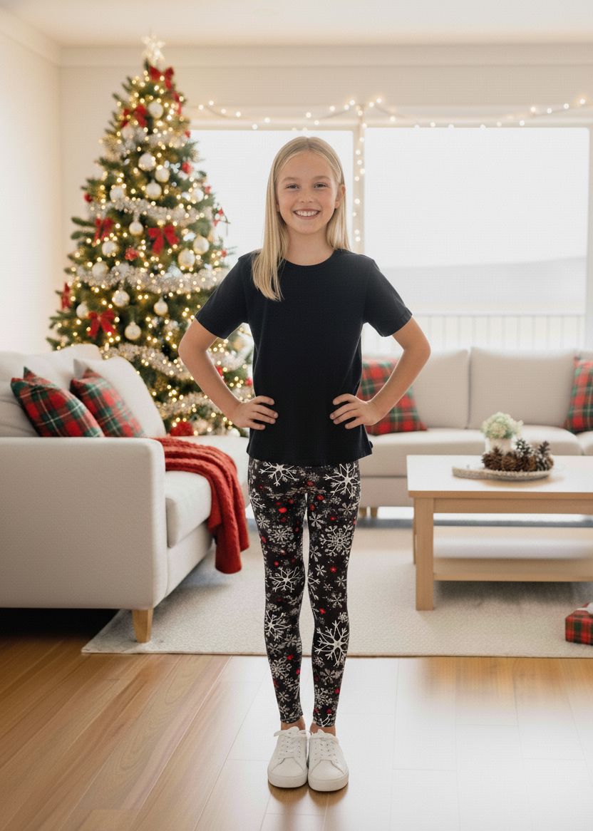 Girls Christmas Snowflake Leggings - High Waisted - Buttery Soft - Yoga Pants for Kids - Black/White Leggings MomMe and More S Black 
