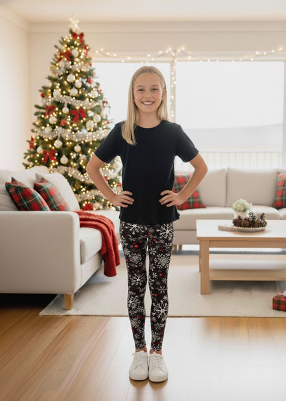 Girls Christmas Snowflake Leggings - High Waisted - Buttery Soft - Yoga Pants for Kids - Black/White Leggings MomMe and More S Black 