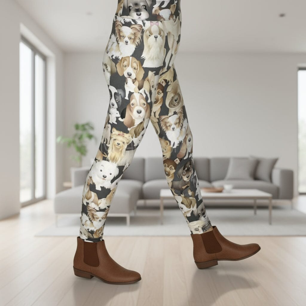 Girls Multi Dog Printed Leggings - High Waisted - Buttery Soft - Yoga Pants for Kids - Beige/Black Leggings MomMe and More 