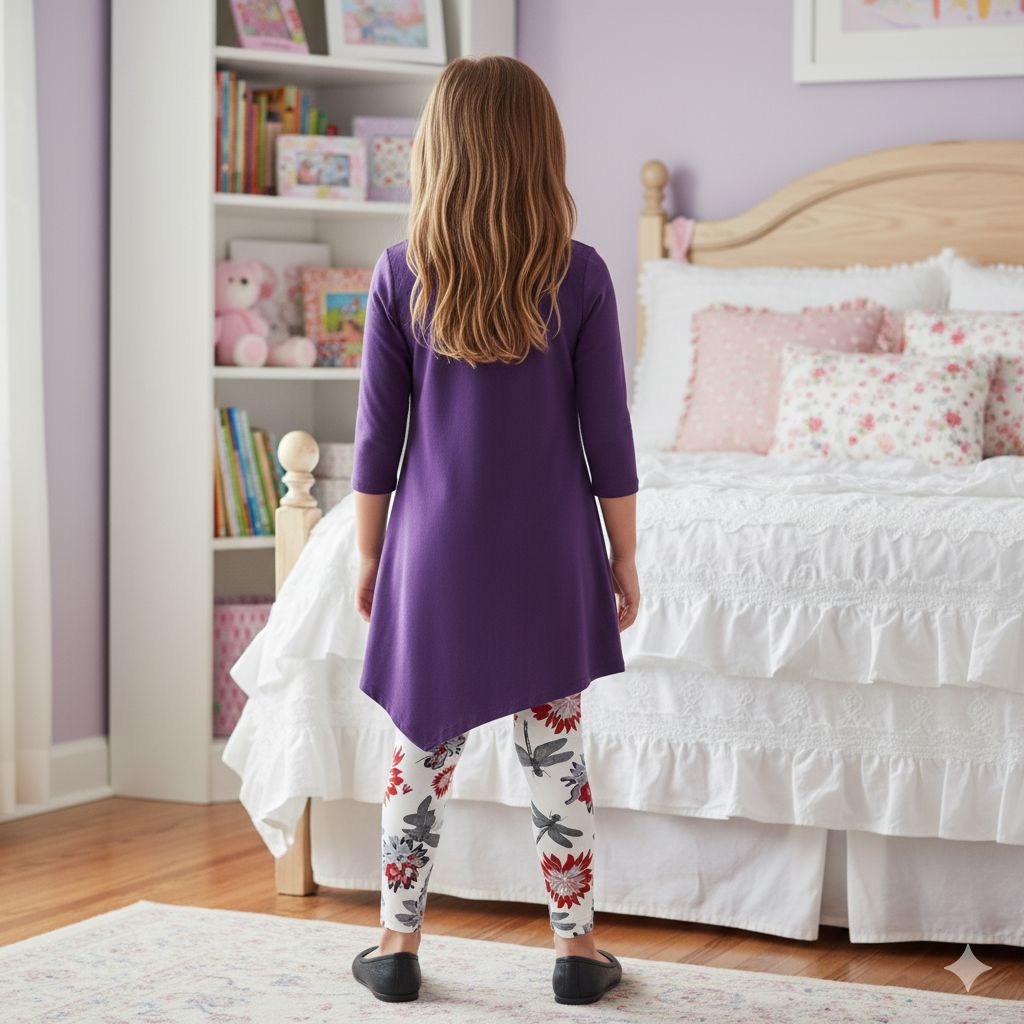 Girls Dress – 3/4 Sleeve – Soft Stretch – Side Button Detail – Asymmetric Hem – Purple dress MomMe and More 