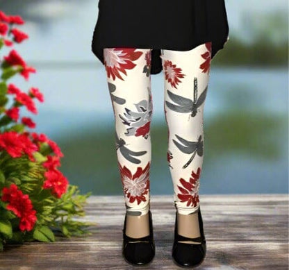 Girls Dragonfly Leggings Kids Yoga Pants White/Red/Purple Sizes S/L Leggings MomMe and More 