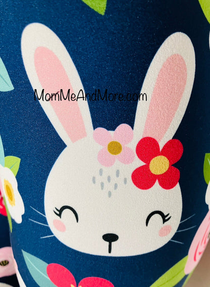 Girls Easter Bunny Leggings, Kids Yoga Pants, Sizes S/L, Yoga Waist, Blue/Pink, Exclusive Leggings Leggings MomMe and More 