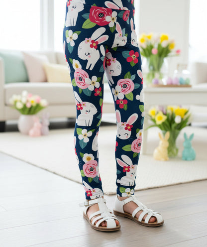 Girls Easter Bunny Leggings, Kids Yoga Pants, Sizes S/L, Yoga Waist, Blue/Pink, Exclusive Leggings Leggings MomMe and More 