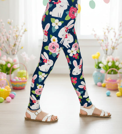 Girls Easter Leggings _ High Waisted - Buttery Soft - Blue/Pink Leggings MomMe and More 
