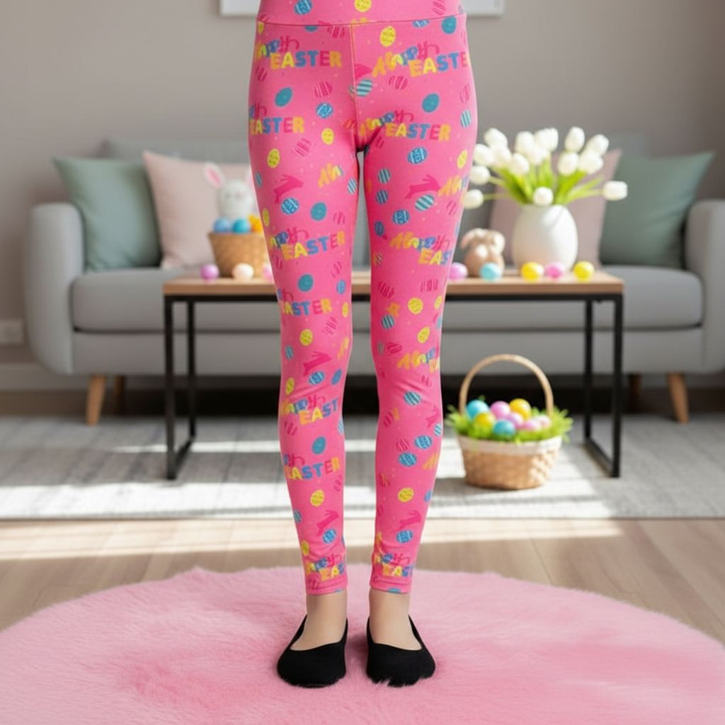 Girls Easter Leggings - High Waisted - Buttery Soft - Pink Leggings MomMe and More 