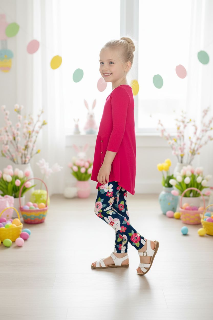 Girls Easter Leggings _ High Waisted - Buttery Soft - Blue/Pink Leggings MomMe and More 