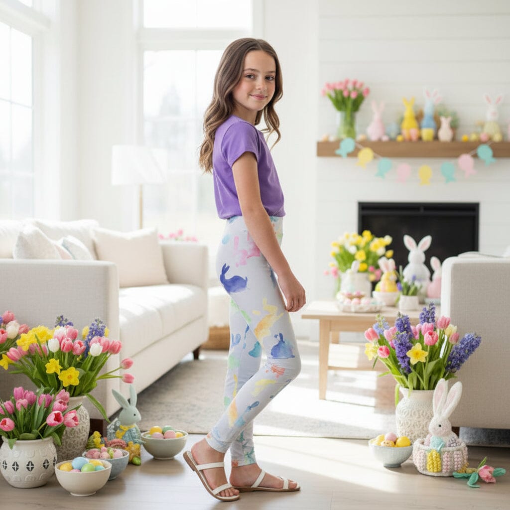 Girls Easter Leggings - High Waisted - Buttery Soft - Gray/Multi Leggings MomMe and More 