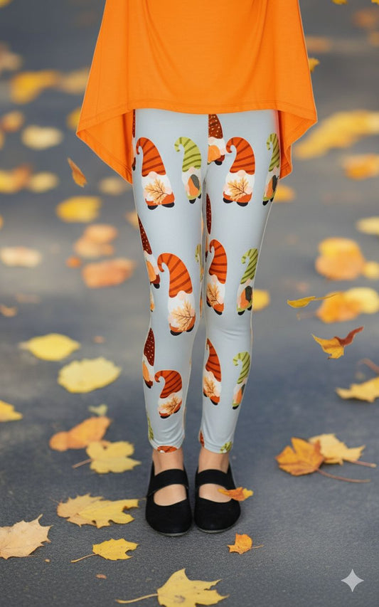 Girls Fall Gnome Leggings - High Waisted - Buttery Soft - Gray/Orange Leggings MomMe and More 