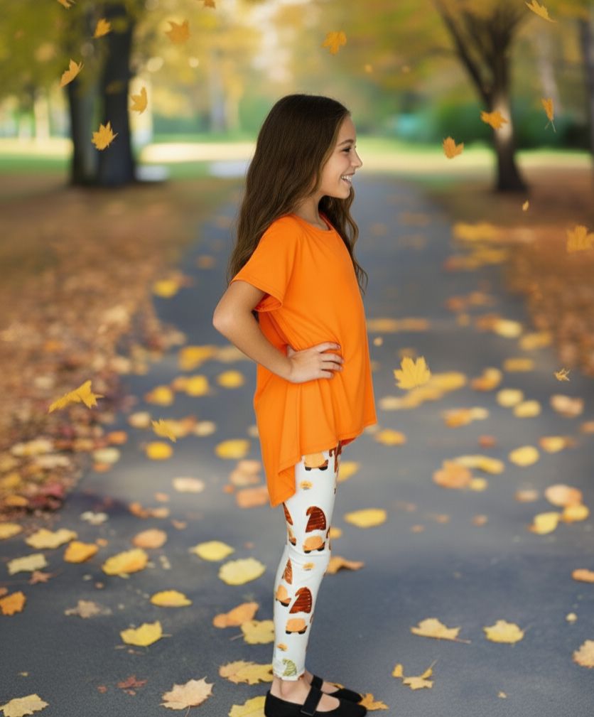 Girls Fall Gnome Leggings - High Waisted - Buttery Soft - Gray/Orange Leggings MomMe and More 