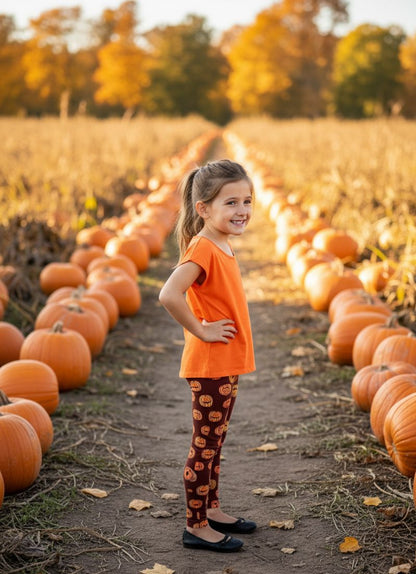 Girls Pumpkin Leggings - High Waisted - Buttery Soft - Orange Leggings MomMe and More 