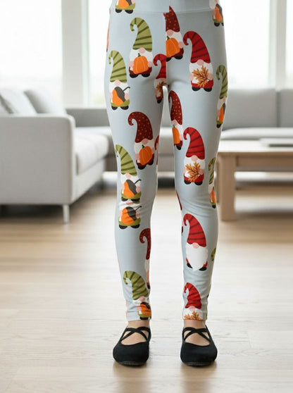Girls Thanksgiving Gnome Leggings - High Waisted - Buttery Soft Yoga Pants - Gray/Orange Leggings MomMe and More S Gray/Orange Yoga Waist