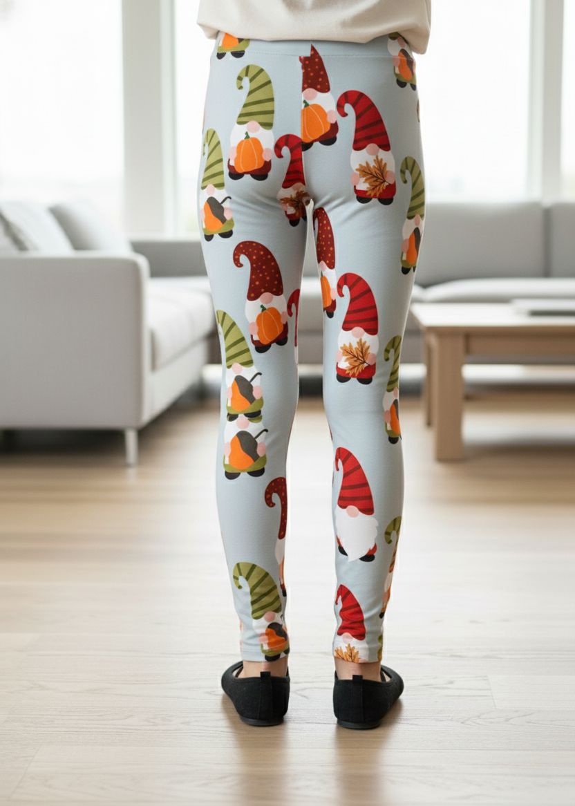 Girls Thanksgiving Gnome Leggings - High Waisted - Buttery Soft Yoga Pants - Gray/Orange Leggings MomMe and More 