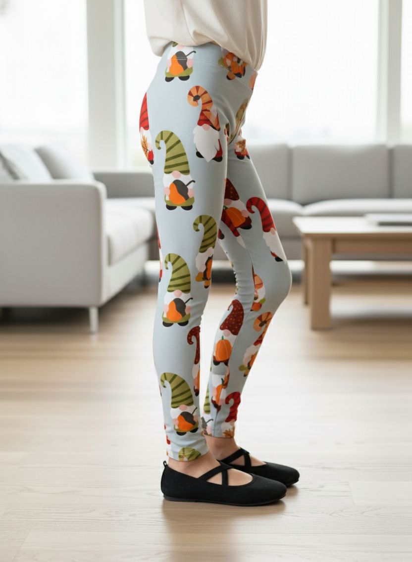 Girls Thanksgiving Gnome Leggings - High Waisted - Buttery Soft Yoga Pants - Gray/Orange Leggings MomMe and More 