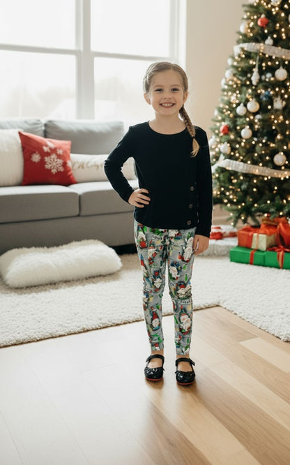 Girls Christmas Gnome Leggings - High Waisted - Buttery Soft - HO HO HO Holiday Lights - Green/Red Leggings MomMe and More 
