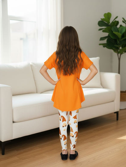 Girls Thanksgiving Gnome Leggings - High Waisted - Buttery Soft Yoga Pants - Gray/Orange Leggings MomMe and More 