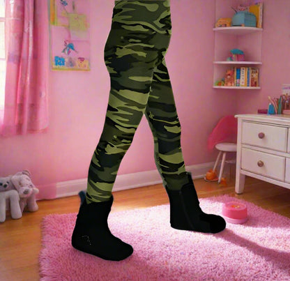 Girls Green Camouflage Leggings, Kids Yoga Pants, Sizes S/L, No-Roll Waist, Green Leggings MomMe and More 
